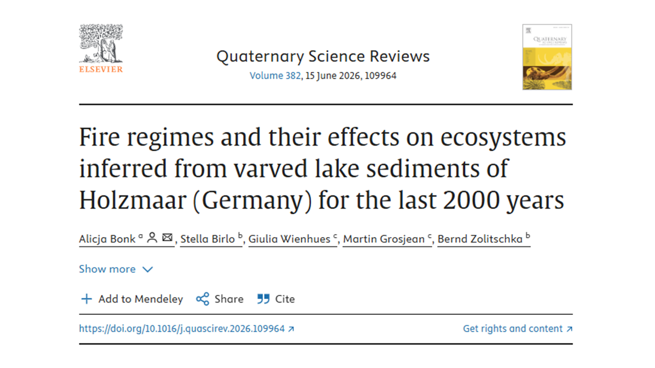 Bonk A., Birlo S., Wienhues G., Grosjean M., Zolitschka B., 2026, Fire regimes and their effects on ecosystems inferred from varved lake sediments of Holzmaar (Germany) for the last 2000 years. Quat. Sci. Rev. 382, 109964. https://doi.org/10.1016/j.quascirev.2026.109964