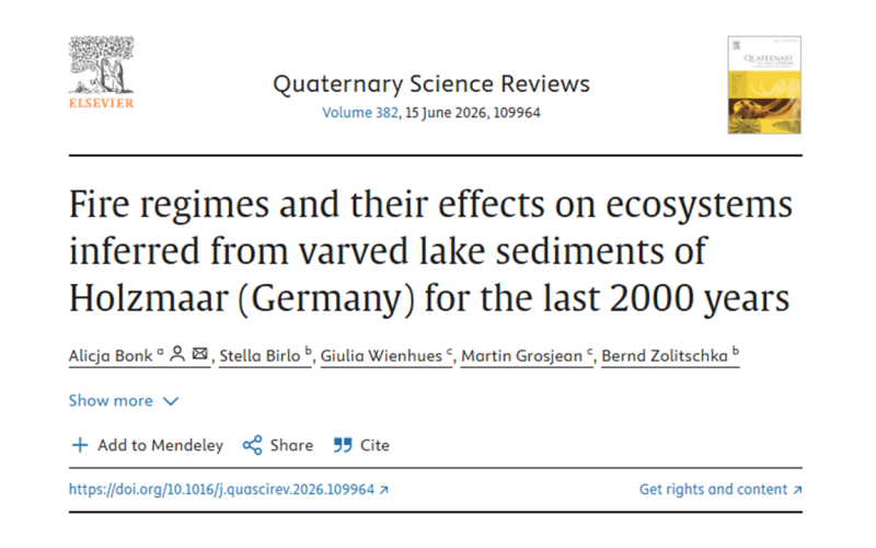 Bonk A., Birlo S., Wienhues G., Grosjean M., Zolitschka B., 2026, Fire regimes and their effects on ecosystems inferred from varved lake sediments of Holzmaar (Germany) for the last 2000 years. Quat. Sci. Rev. 382, 109964. https://doi.org/10.1016/j.quascirev.2026.109964